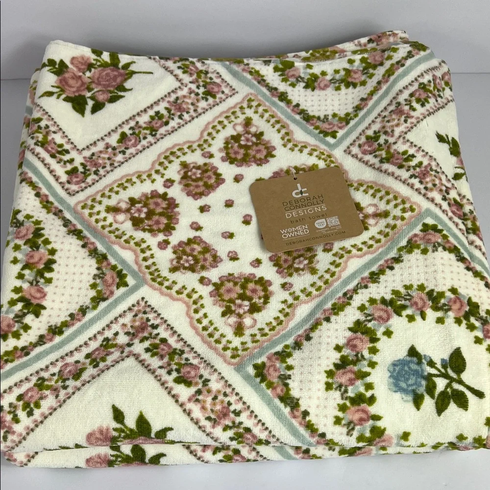 Deborah Connolly Bath Towel Set Floral Print Cream Pink Blue Velour Set of 2 NEW